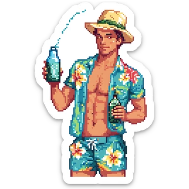 human male Unbuttoned Hawaiian shirt, swim trunks, shaking a cocktail shaker (sparks flying), with a hat sticker
