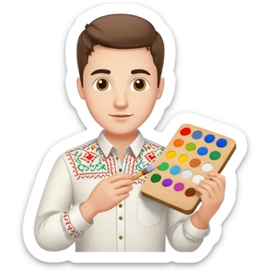 A guy in a white Ukrainian embroidered shirt holds musical notes and a paint palette in his hand sticker