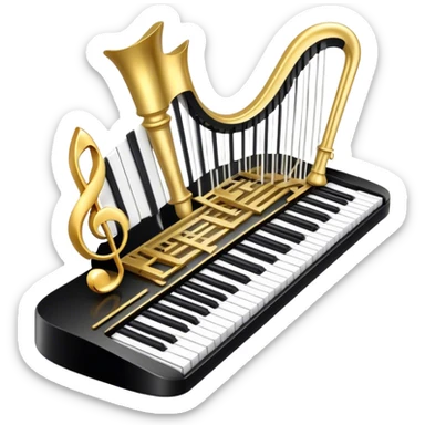 Create a detailed and elegant emoji collage representing keyboard instruments in a celebratory and professional style, reminiscent of a coat of arms. The design should feature a central arrangement of black and white piano keys, forming a symmetrical, powerful image. Around the keys, include a flowing ribbon of musical notes that intertwines with the keys, creating a sense of movement and harmony. Use gold and silver accents to highlight the keys and musical notes, giving the design a festive, high-quality appearance. The design should convey professionalism, elegance, and a sense of occasion. Add subtle reflections on the piano keys to enhance the polished look. The background should be transparent. sticker
