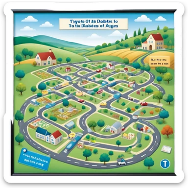 journey on a game board about Type 1 diabetes and aging with pretty pathways in a countryside (hospital, places to live, advocacy, physical changes, to share knowledge and ways of coping, energetic with text: T1D to 100 and subtext Aging with Type 1 diabetes, easy for seniors to see and understand sticker
