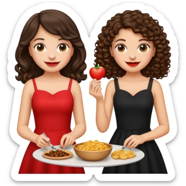 Two girls eating, one brunette with straight hair and another brunette with curly hair, emoji style, first girl has a black dress and the second girl has a red dress sticker