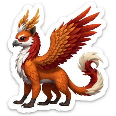 4-legged realistic scaly winged long-big-beaked Gryphon-Griffin-Griffsnuff-Talonflame-Silvally-Braviary-Red-Panda-fusion-hybrid-animal-Fakémon-creature, full body, with a long thin tufted lion-tail, long tufted winged feathery ears sticker