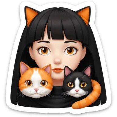 a girl with a short black curtain bangs hair and with her 2 cat color white black cat and orange white cat laying on her neck sticker