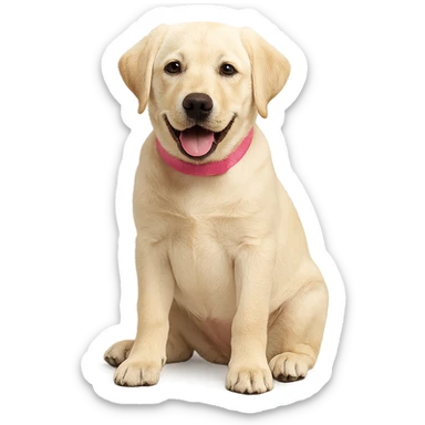 labrador girl, sitting, smiling, light fur, pink collar sticker