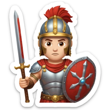 An emoji of the Roman god Mars. He is a warrior with a helmet and armor, holding a sword and shield, with a fierce expression. sticker