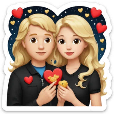 Couple with blonde hair wearing black eating chick filet hearts and outer space in the background. The girl has long wavy hair . sticker
