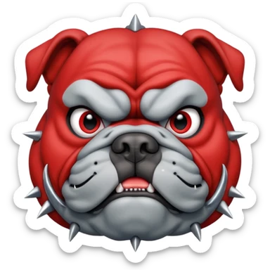 Create a fierce bulldog head emoji facing forward.
Strong jaw, deep wrinkles, and an intense scowl.
slight underbite with two visible fangs.
Dark gray fur with bold highlights and shading for depth.
Add a thick spiked collar (red or black) with shiny metallic spikes.
 sticker