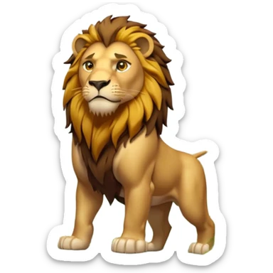 3D cartoon style, vertical 9:16. A dense green jungle with tall trees, morning sunlight beams through leaves, light fog. In the center stands a 5.5 ft strong muscular lion with golden fur, dark brown mane, amber eyes, light battle scars, no clothes, calm expression sticker