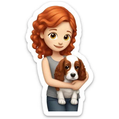 A very cute girl with red hair cuddling an English Cocker Spaniel. sticker