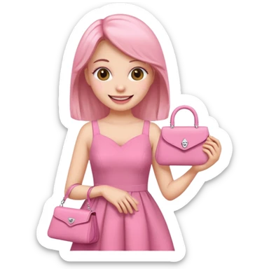 girly girl emoji, pink dress, long eyelashes, smiling, holding a purse sticker