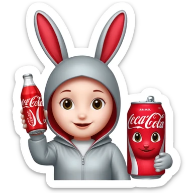 Red soda can as its head and a body resembling a bottle can . The can has large, friendly eyes and a smiling facial expression. The character’s bunny long ears are also red, and it has sliver accents on either side. The body displays the Coca-Cola logo prominently. sticker