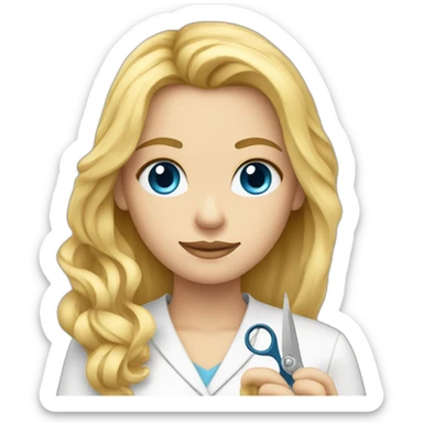 Blond long hair Woman tailor with metre around neck and scissors in her hand blue eyes sticker