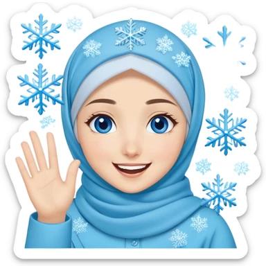 Turkish beautiful finish Konya girl blue eyes with light blue winter design hijab islamic dress and had on her hand snowflakes and she laugh and wave one's hand sticker