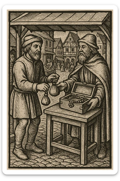 Сгенерируй мне гравюру, как в средневековье один мужчина дает другому мешочек, а другой украшение коробку деревянную, они торгуют, все это происходит на рынке sticker