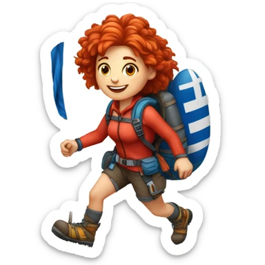 Female winter mountain climber red windy hair climbing with Greek flag on backpack and holding Easter eggs basket sticker