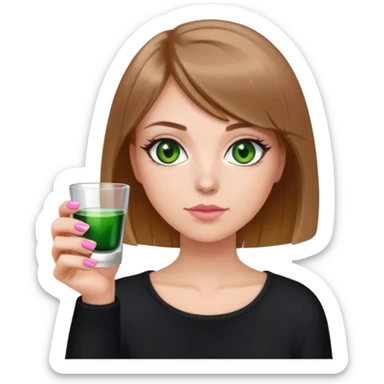 green eyes light brown hair white girl with short bob no bangs with a shot glass wearing black light pink nails sticker