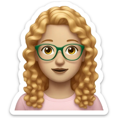 Girl with curly strawberry blond hair, pale skin, freckles, sage green eyes, and light pink glasses sticker