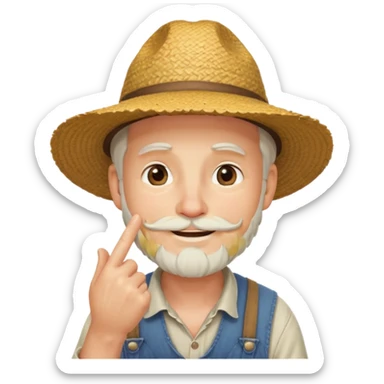 “A single emoji-style character combining 👨‍🌾😄 and 🤔: a smiling farmer man with a straw hat, friendly face, and light beard, holding one hand under his chin in a thinking gesture. His index finger rests under his face, eyes looking slightly upward as if thinking.  sticker