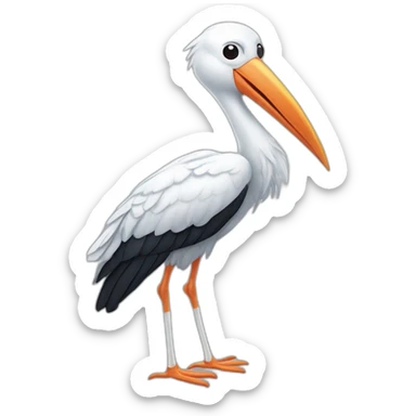 white stork with long legs and a long beak flying in the sky. The stork is carrying a blue bundle of cloth in its beak that has a cute white baby face peeking out from it with black head sticker