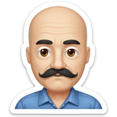 61 years old. Bald with dark hair on the sides. black thick moustache. White beard. saying sorry sticker