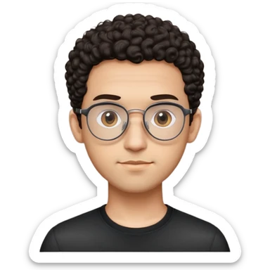 Man with small oval face and big forehead, aviator-style glasses, very short dark curly hair with skin fade (no hair on sides), neutral-friendly expression, light brown skin, wearing a black shirt sticker