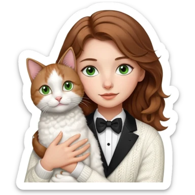 A pretty white girl with hazel brown eyes and brown wavy hair in a cosy white knit sweater, hugging a black and whitebtuxedo cat with green eyes sticker