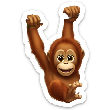 Baby orangutan hanging from a vertical tree branch right hand over his mouth left hand overhead feet gripping the tree trunk sticker