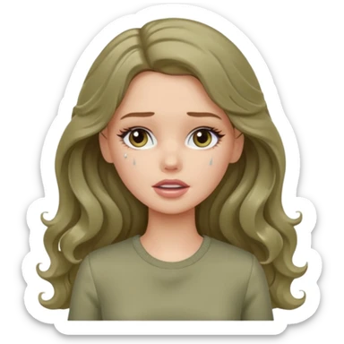 A white Barbie girl with long dark brown wavy hair in pale olive clothes crying sticker