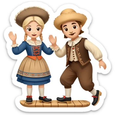 cinematic-realistic-scene-of-two-performers-executing-the-klompendans,-dressed-in-traditional-dutch-costumes-complete-with-wooden-clogs-and-detailed-folk-patterns,-captured-in-lively-motion-with-soft,-natural-lighting sticker