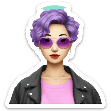 a short-haired Taiwanese lesbian as a designer with vaporwave style, without makeup, with earings, sunglasses with vaporwave image on it. sticker