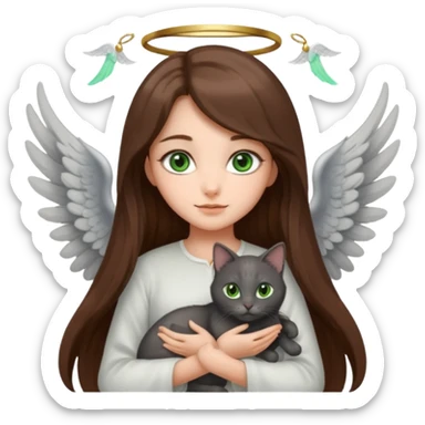 Girl with long brown hair holding a dark gray cat with green eyes and a pair of angel wings sticker