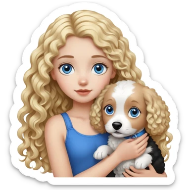 Girl with long curly blonde hair and blue eyes holding black and white dog  sticker