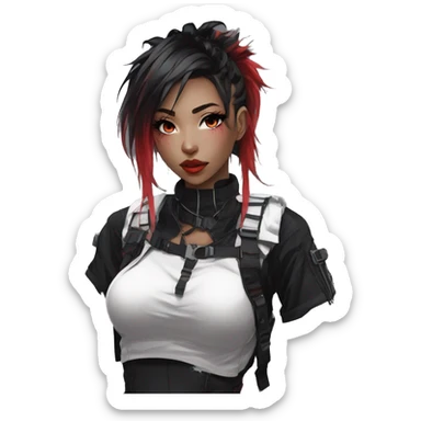 Gorgeous techwear anime style lady with blushing face aesthetic and pretty edgy black red white punk messy hair with collar and harness trending style sticker