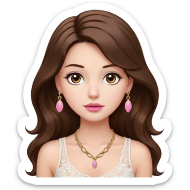 fair-skinned girl with dark brown, slim shaped eyes and long lashes. long, brown hair styled in a voluminous, wavy blowout. wearing a delicate white lace tank top and a dainty gold necklace, plump pink lips. sticker