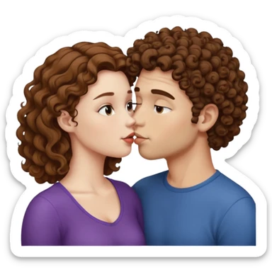 A couple kissing, the man would be white-skinned, mid fade-curly, brown-hair. The serious woman with white skin, brown color sticker