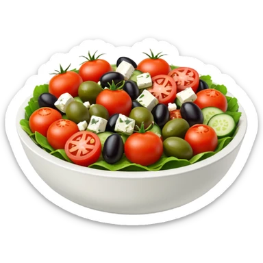 mediterranean salad bowl object icon, tomatoes, cucumbers, olives, feta cheese, olive oil dressing, 3D cartoon, mobile game icon style, clean background, no text, no watermark
 sticker