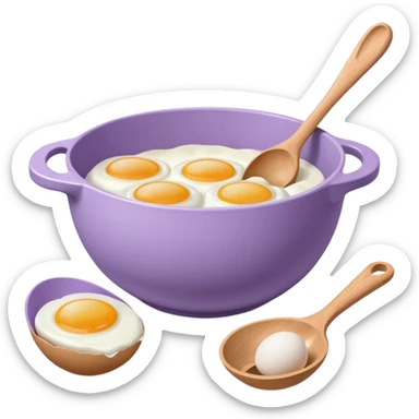 a lilac ceramic mixing bowl with a wooden spoon stirring and sitting next to it is a dozen eggs with the carton lid open sticker
