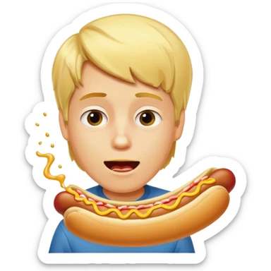 A boy taking a huge bite of a hot dog loaded with mustard and relish.





















 sticker
