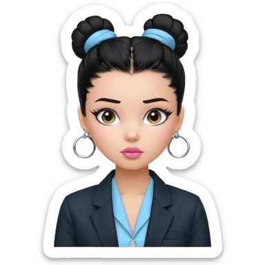 generate a pretty bratz girl with black hair tied up in a bun. wearing a light blue full sleeve shirt and a black blazer over it. silver small hoops, pink lipgloss.  sticker