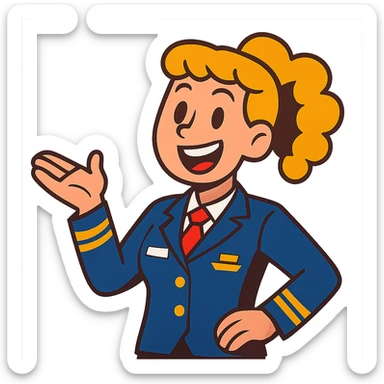girl cruise director with curly dirty blonde hair in a ponytail, very happy sticker