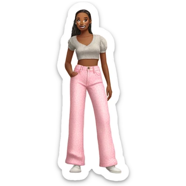 Realistic long Wide leg high waisted pink printed jeans, isolated sticker