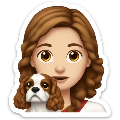 brunette white girl with brown hair and hazel eyes holding a king charles dog sticker