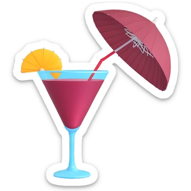 3D emoji style cocktail glass with burgundy drink and a tropical paper parasol sticker