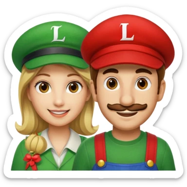 blonde female Luigi (with the Luigi green hat with an L on it) and a normal brown hair male Mario with the red hat with a M on it. They are friends just smiling sticker
