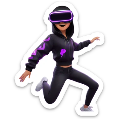 Russian girl wearing black hoody with violet letters "OMG", in vr headset oculus quest2. jumping. Cyberpunk style. Violet neon. sticker