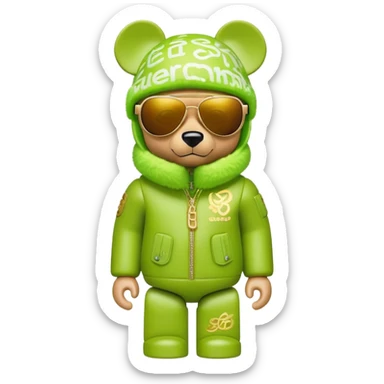 sleek bearbrick with lime balaclava covered in logo graffiti, futuristic single continuous visor sunglasses as one solid piece, no eye division, luxurious voluminous puffy coat with fur trim, gold chain accessories sticker