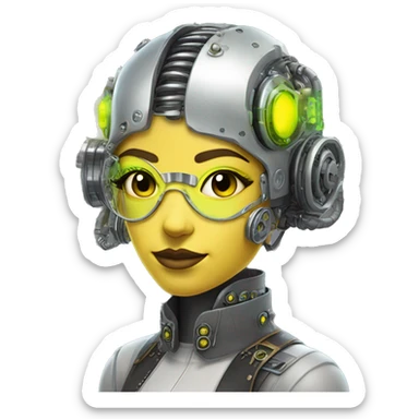 Caucasian female cyborg head with Neon yellow bobbed hair, silver steampunk goggles and circuits sticker