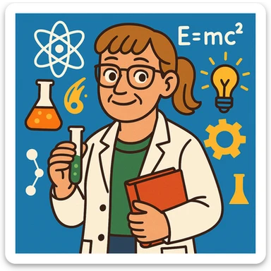 middle-aged science teacher, light brown hair in ponytail with bangs, brown eyes, with science symbols in background sticker