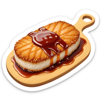 Tonkatsu Cinematic Realistic Tonkatsu Dish Emoji, depicted as a golden, crispy pork cutlet drizzled with tangy BBQ sauce, rendered with detailed textures and dynamic, appetizing lighting. sticker