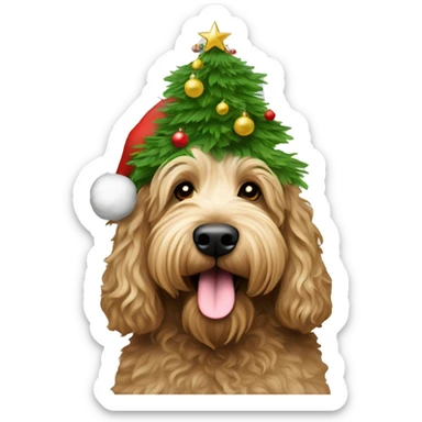 australian labradoodle with Christmas hat and Christmas tree sticker